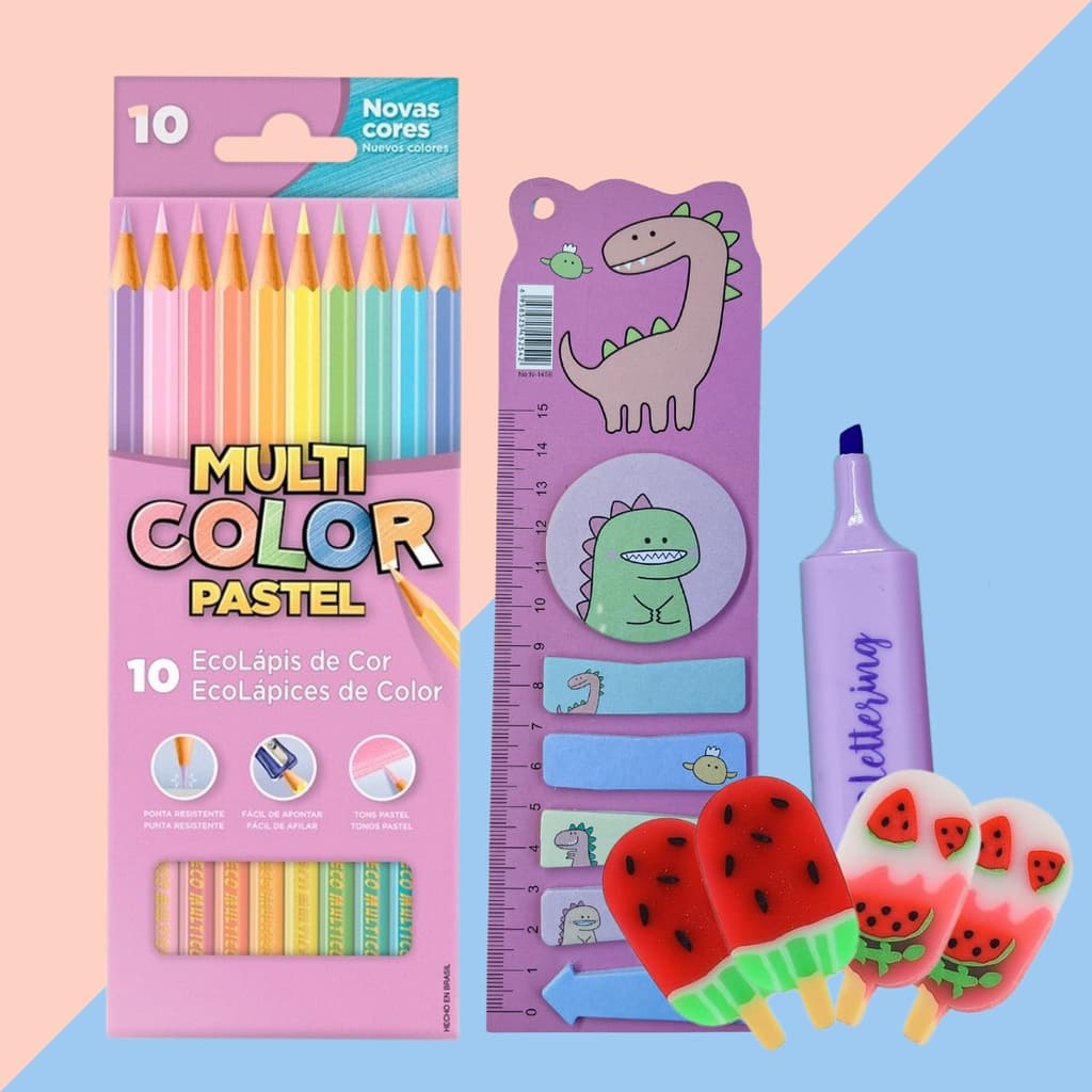 Kit Material Escolar C/ Lápis De Cor Borracha Marca Texto Marcador Páginas Fofo