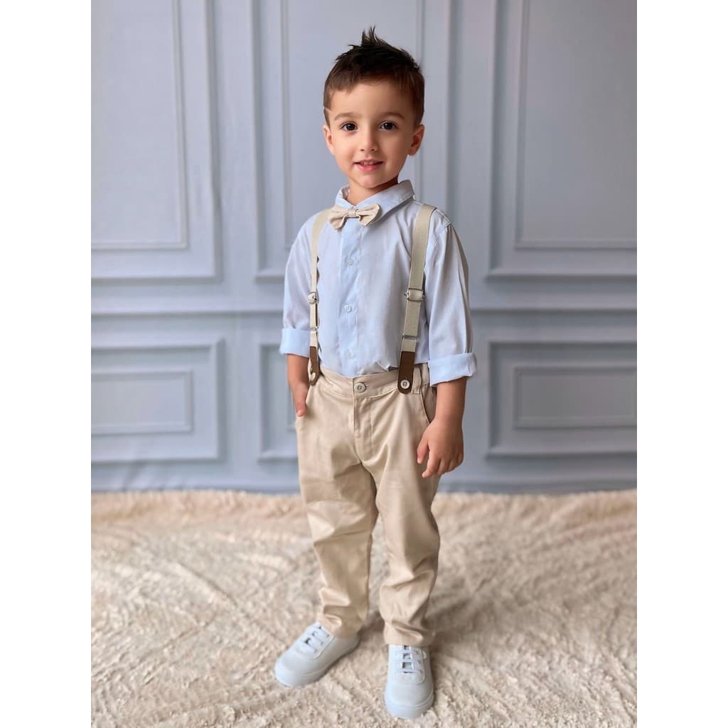 Conjunto Infantil Masculino Suspensório e Calça Bege P.M.G.1.2.3
