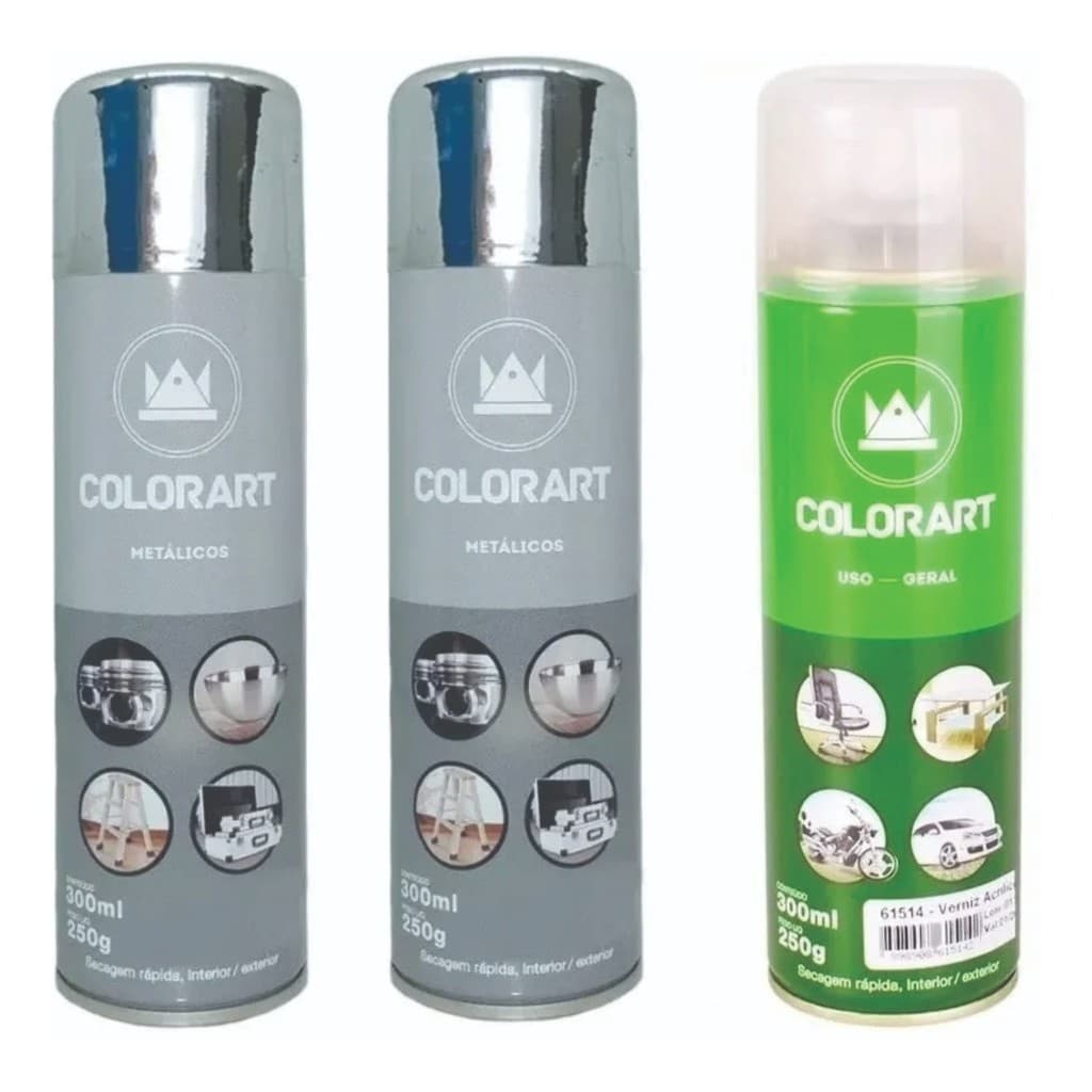 Kit Tinta Spray 2 Cromado Metalico Verniz Brilhante Colorart