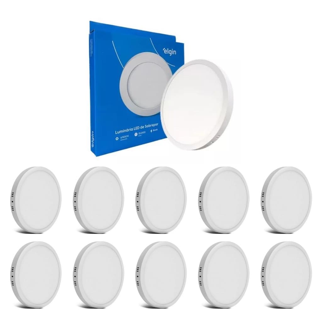 KIT 10 Painel Plafon Led Sobrepor Redondo 18w 6500K Elgin
