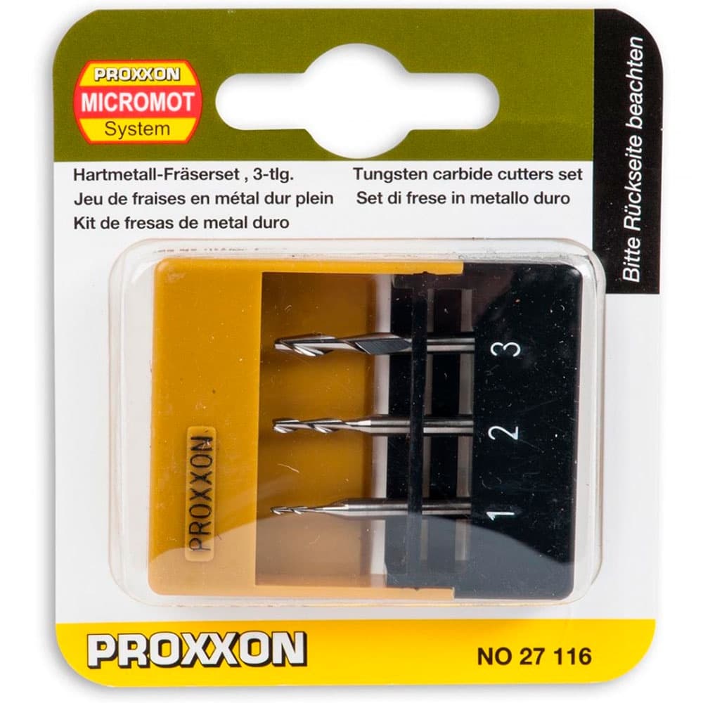Jogo 3 Fresas para Microfresadora Proxxon MF70 27116 Corte Preciso em Metal Madeira e Plástico
