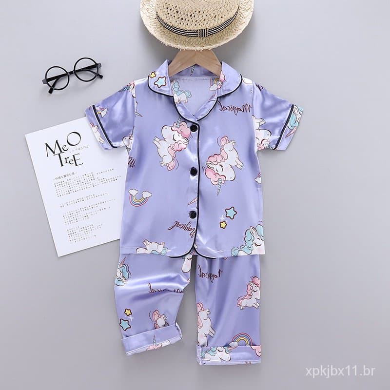 2 Pçs/set Pijama De Seda Gelo INS Unicórnio Setbaby HomeWear Pijama De Seda De Gelo Conjunto Calças de Manga Curta KFJL