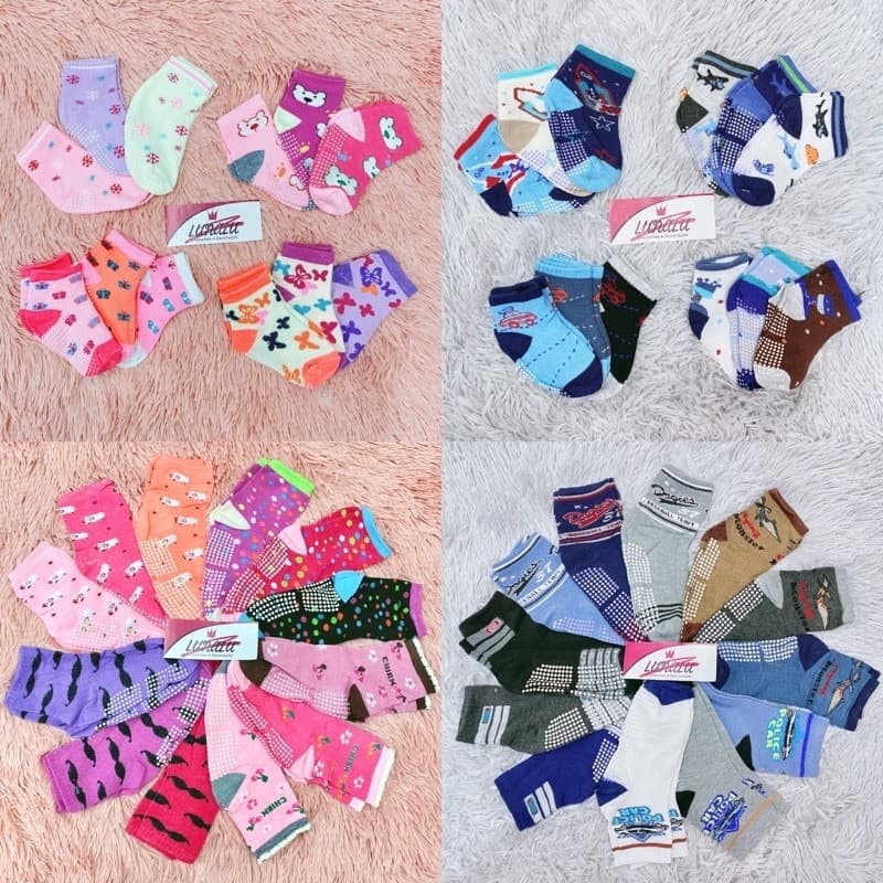 KIT 12 Pares Meias Antiderrapante 0 à 8 anos Infantil Bebê Colorida Menina Menino - BESTMIX