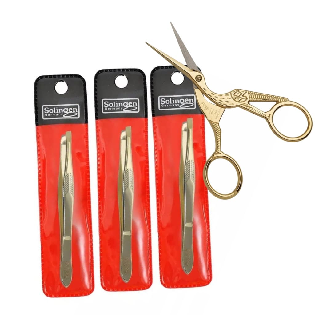 Kit 3 Pinças Chanfrada Solingen + Tesourinha Pássaro - Dourada