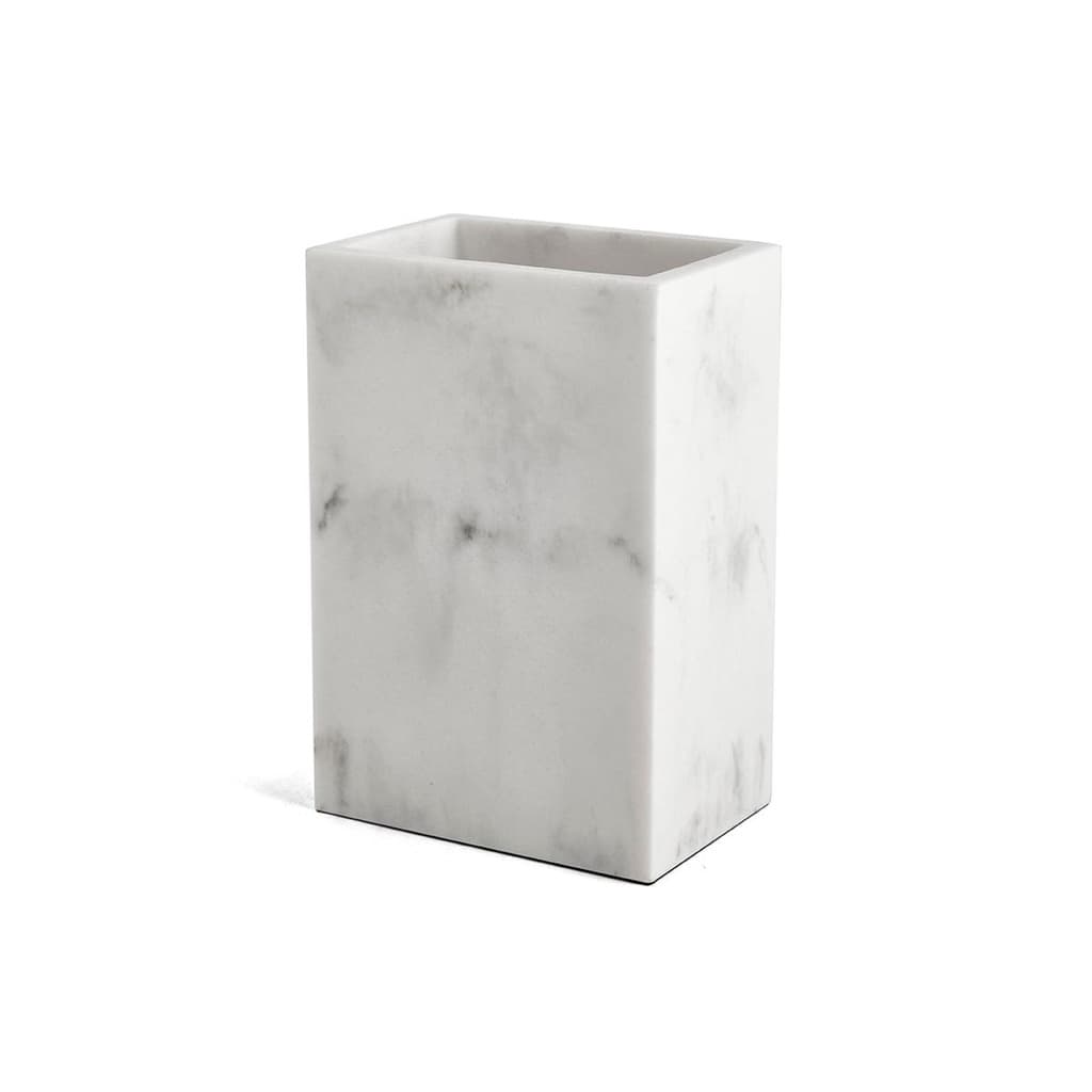 Copo Porta Escova Dente Poliresina Branco Marmorizado 12x8cm