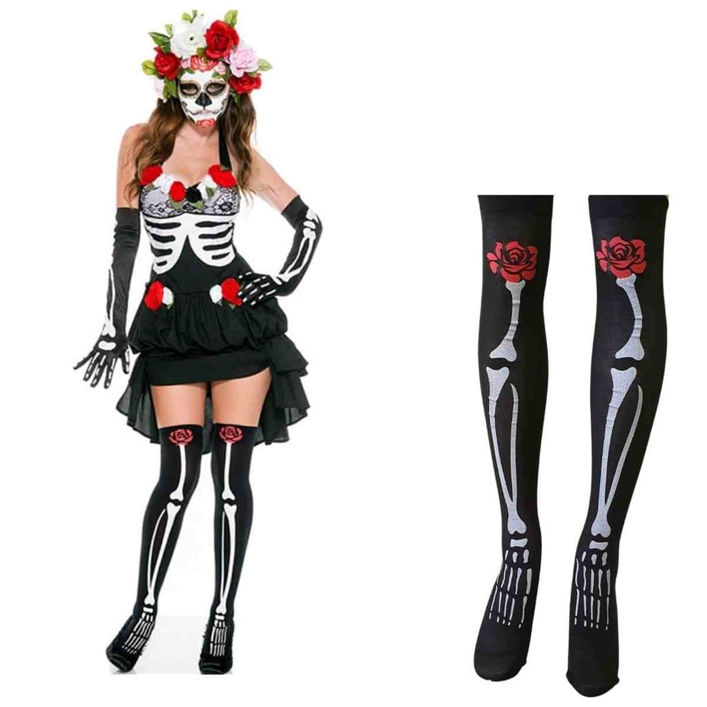 Meia 5/8 Halloween Meia para Fantasia Caveira Mexicana