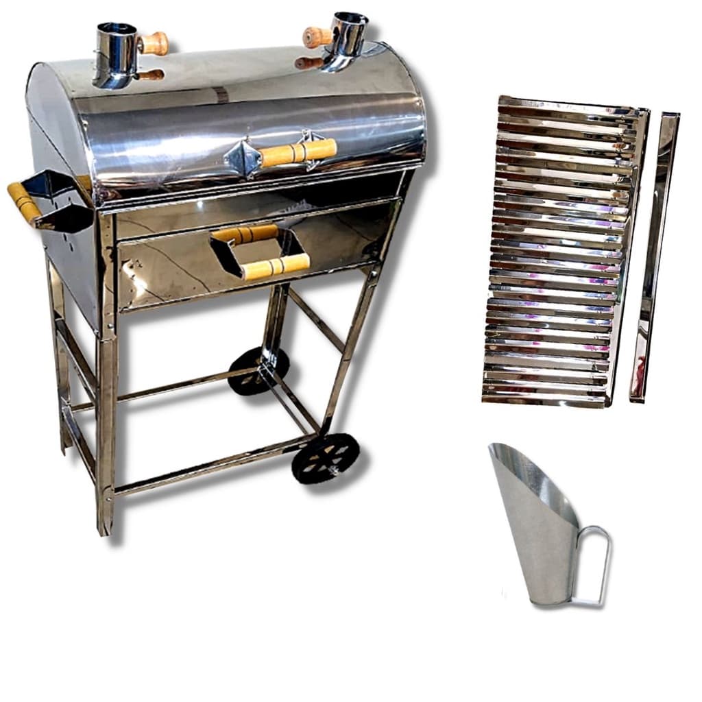 Churrasqueira Inox Grande A Bafo Parrilla Carrinho Carvão Com Pegador de Carvão