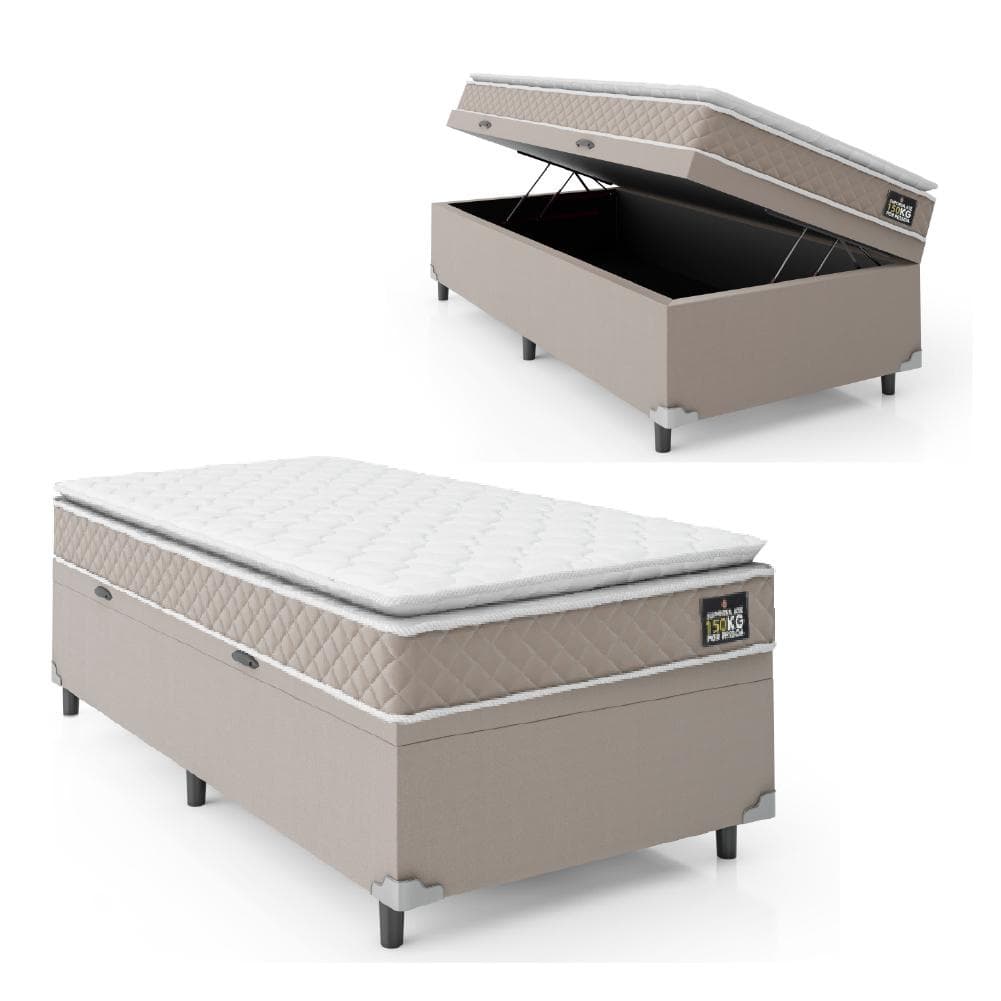 Cama Box Baú Solteiro Colchão D45 com Pillow Top Hellen Strong Bege 88x188x65cm Suporta até 150kg