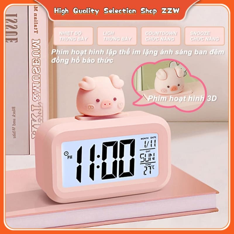 【Entrega rápida】Multifuncional retroiluminação LED despertador digital bonito formato de porquinho desktop timer quarto