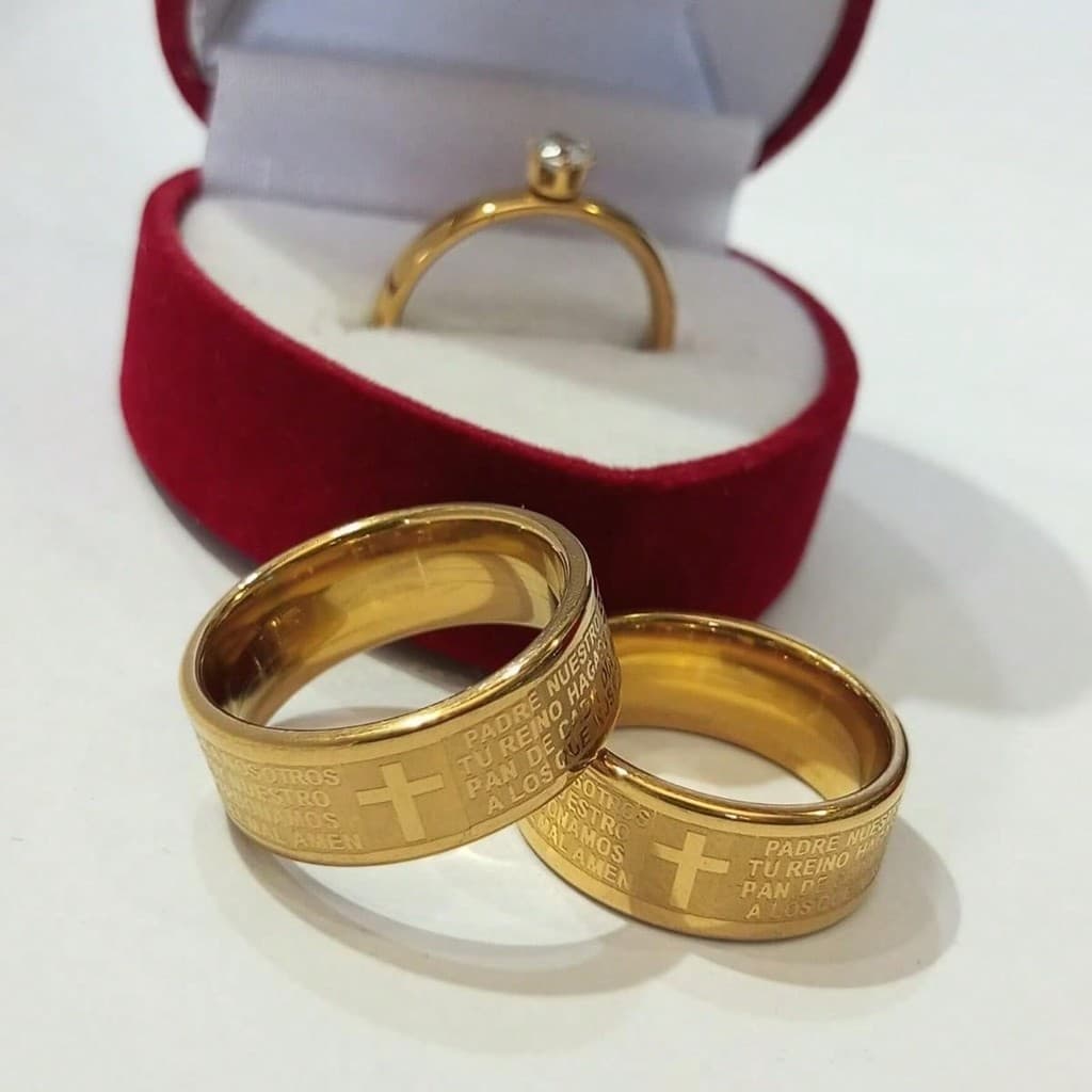 Par de Alianças Oração Do Pai Nosso 8mm Banhada Casamento Fé E Compromisso c1