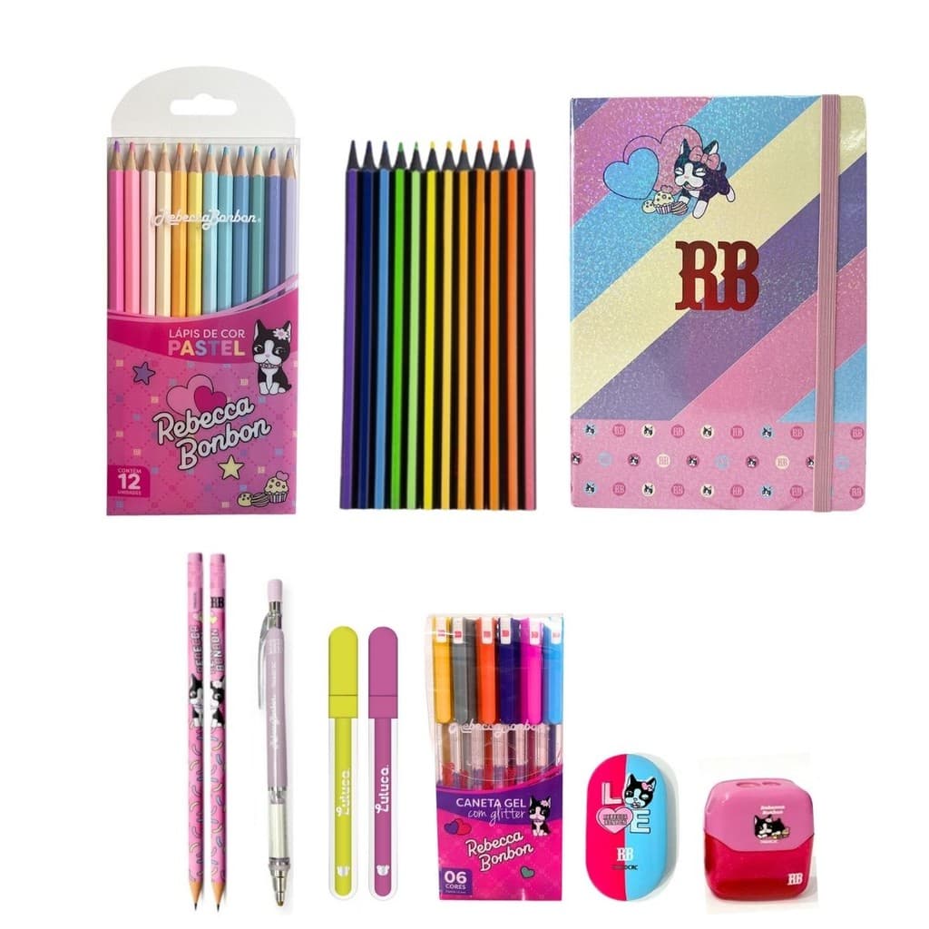 Kit Lápis de Cor C/ Caderno Rebecca Bonbon + Lapiseira Lápis HB Marca-Texto E Acess. - Skypaper