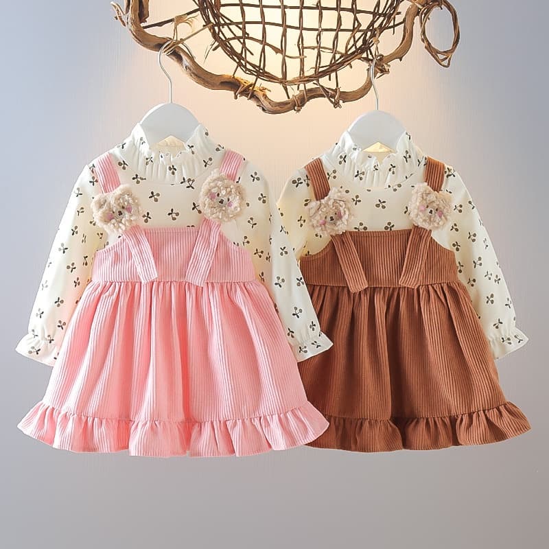 1-6 Anos Kid Girl Long Sleeve Dress Floral Lovely Bear Plain Cor Vestido De Bombazina Fahsion Estilo Fofo Fotografia Casual