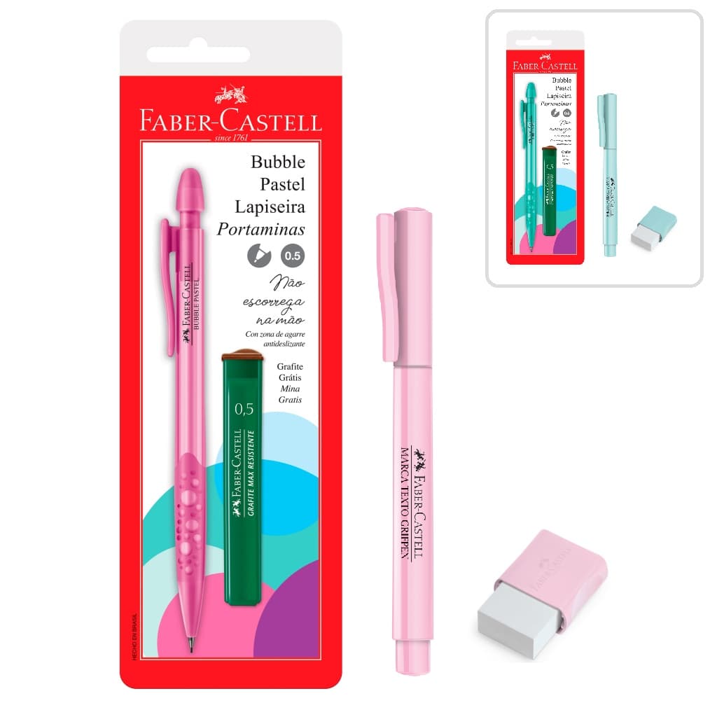 Kit Escolar Lapiseira Bubble Faber Castell - Rosa ou Verde Pastel