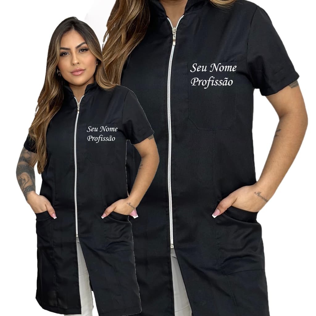 Jaleco Feminino Preto Zíper Prata Manga Curta Oxford Acinturado + BORDADO SEU NOME E PROFISSÃO