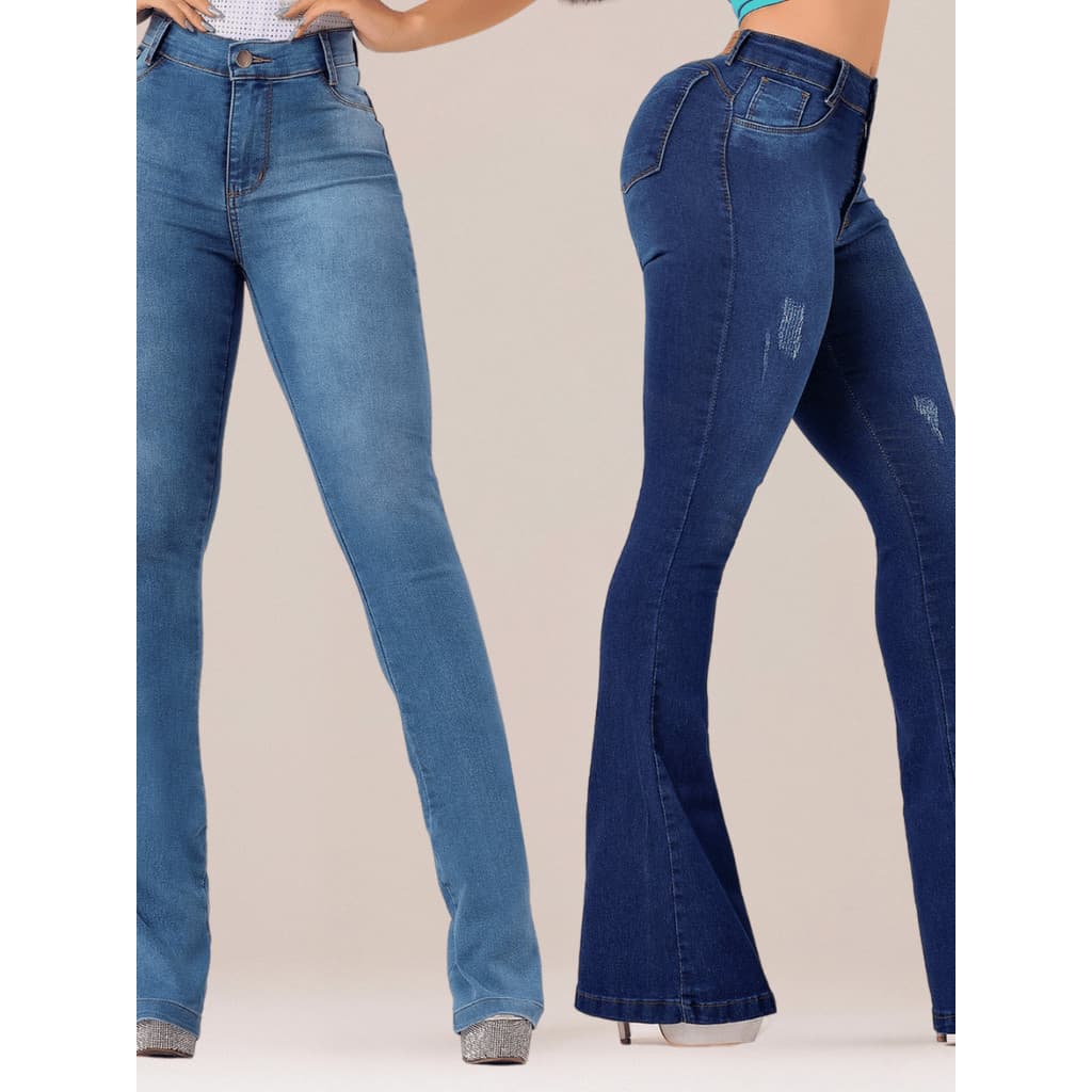 Kit 2 Calça Flare Jeans Feminina Cos Alto Com Elastano Cintura Alta Calça Jeans Feminina Couwtry