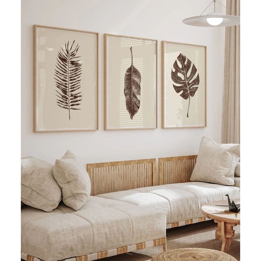 Kit 3 Quadros Decorativos 3 Peças Mosaico Trio Folhagem Folhas Secas Neutro Moderno