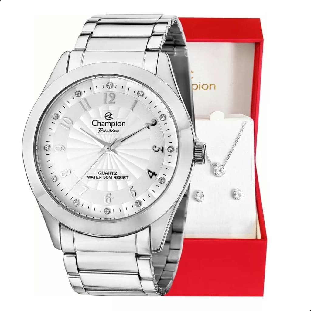 Relógio de  Pulso  Feminino  Champion  Analógico  Prata  CN29409Q Conjunto Colar E Brinco