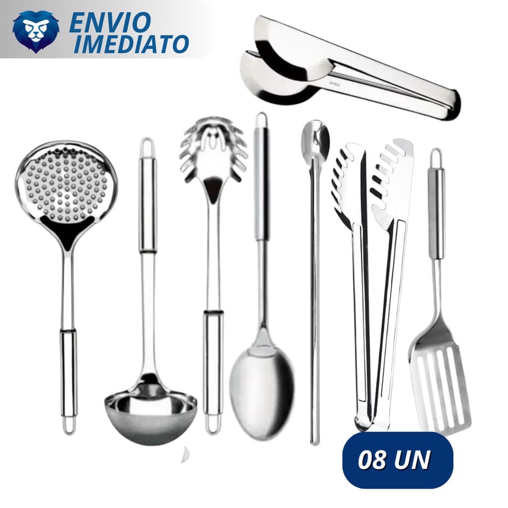 Kit 8 Utensílios Aço INOX Concha Colher de Arroz Pegador de massa Escumadeira Hambúrguer Pegador