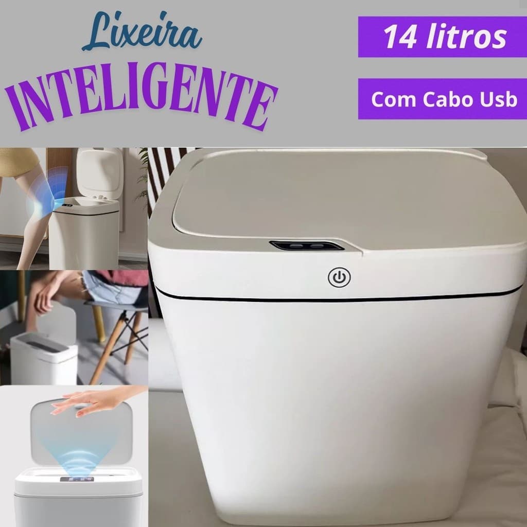 Lixeira Automática Sensor Inteligente USB com Cabo 14 Litros Abre Fácil em Toque Para Quarto Banheiro Cozinha