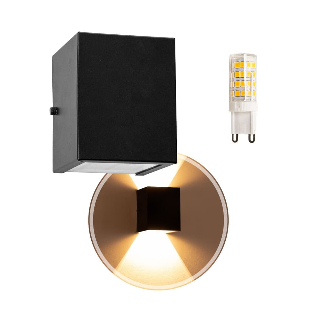 Arandela 2 fachos preta + lâmpada led g9 5w 3000k p/ parede muro externa e interna st678