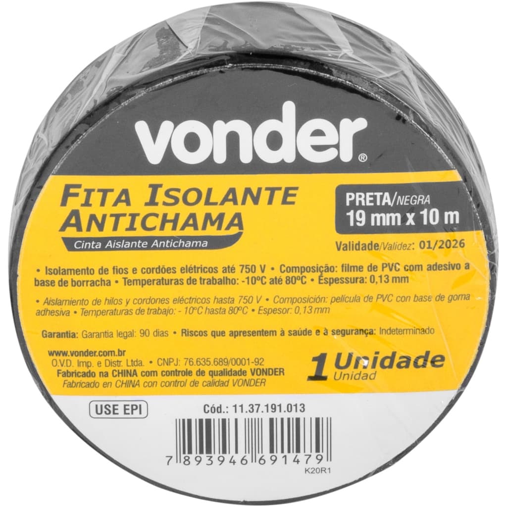 Fita Isolante Anti Chama Preta 10 Metros - Vonder
