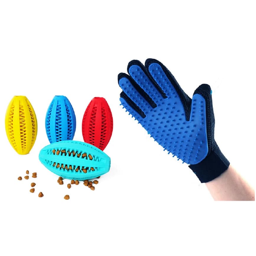 Kit para Cães de Médio e Grande Porte – 01 Brinquedo Oval Dispenser + 01 Luva Escova Removedora