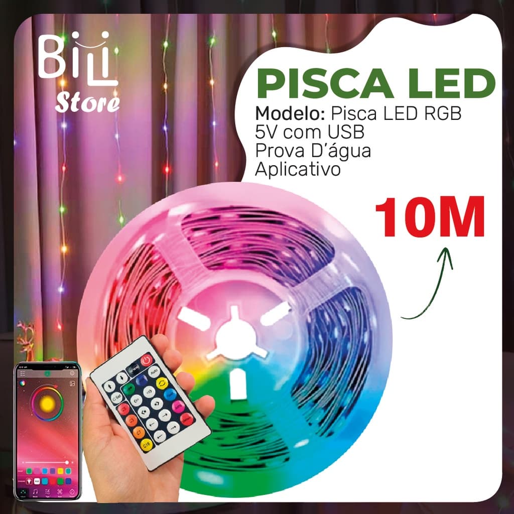 Pisca LED RGB 10M USB + CONTROLE | Controle por aplicativo | A prova d'água | Pisca-Pisca para Decoração de Natal | Ano Novo | Pisca-Pisca