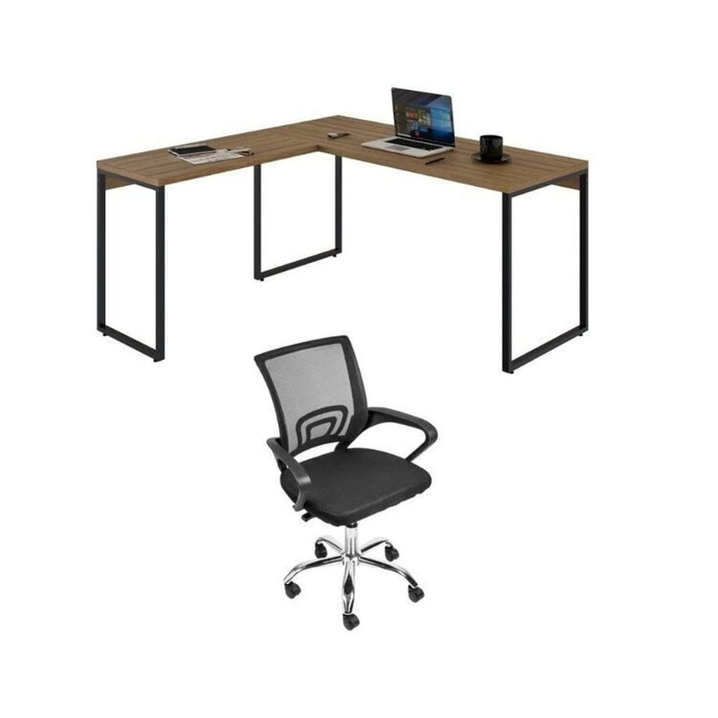 Kit 2 Peças com Mesa para Escritorio em L Industrial 150cm Kuadra e Cadeira de Escritório Diretor Tok Marrom/Preto