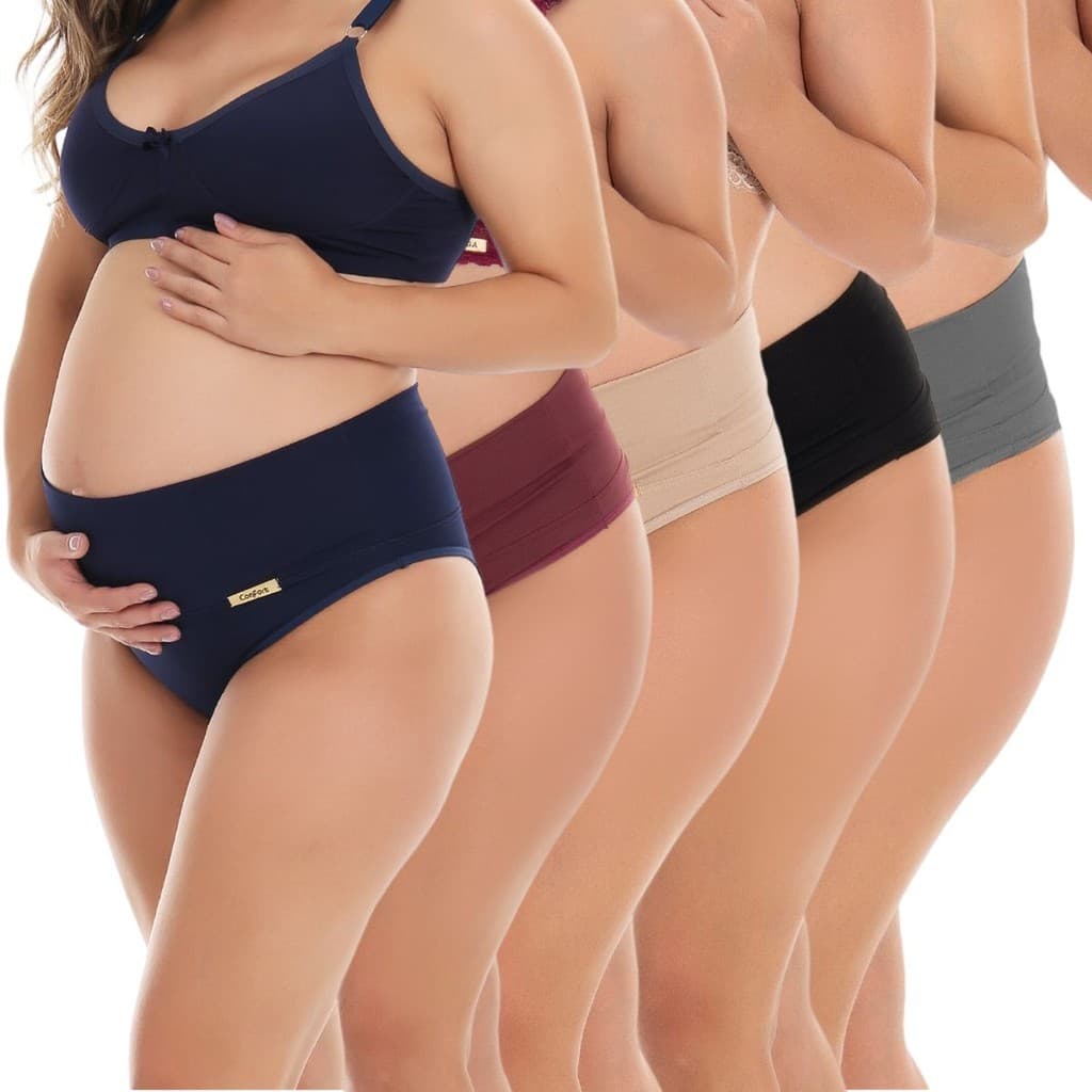 Kit 5 Calcinha Cós Alto Gestante Pós Parto Cinta Modeladora Cintura Alta Compressão Barriga