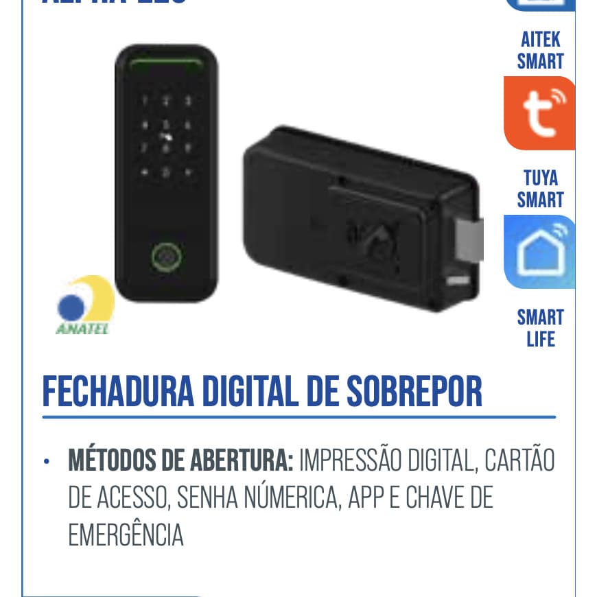 FECHADURA SOBREPOR INTELIGENTE WIFI DIGITAL BIOMETRIA TAG SENHA E APP TUYA AITEK