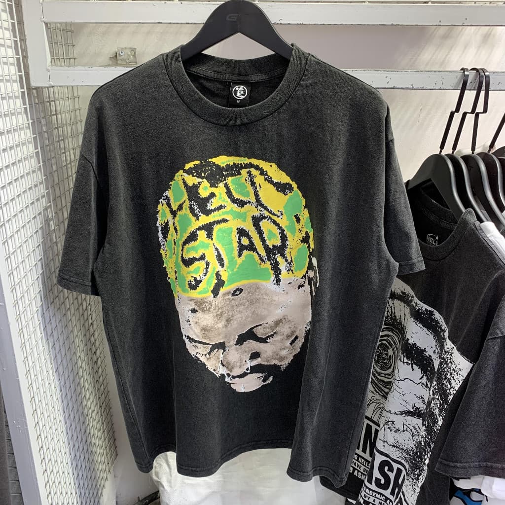 Camiseta Hellstar Rodman Abstract Digital Print Vintage Neck Short Sleeve Street Algodão Solto Camiseta