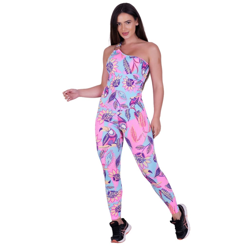 Macacão Longo Feminino Detalhe Em Argola Estampado Fitness