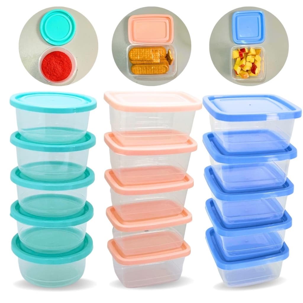 Kit 15 Potes Plásticos Vasilha c/ Tampa Livre PBA Marmita Redondo, Quadrado e Retangular Marmita Vasilha Plástica Porta fruta Marmitinha Salada Potinho Lanche Snack Mantimento Geladeira