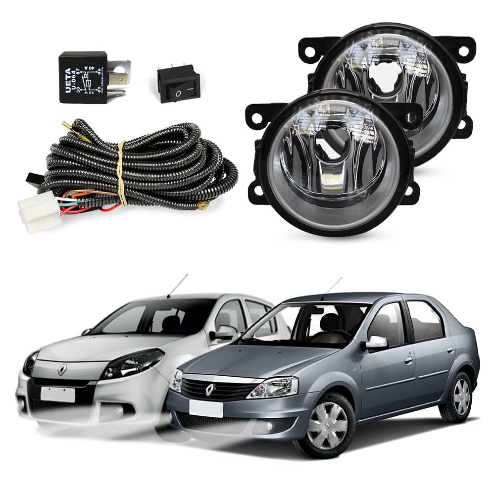 Kit Farol de Milha Logan Sandero 2007 a 2013 Farol Auxiliar de Carro Lente Vidro Neblina Automotivo