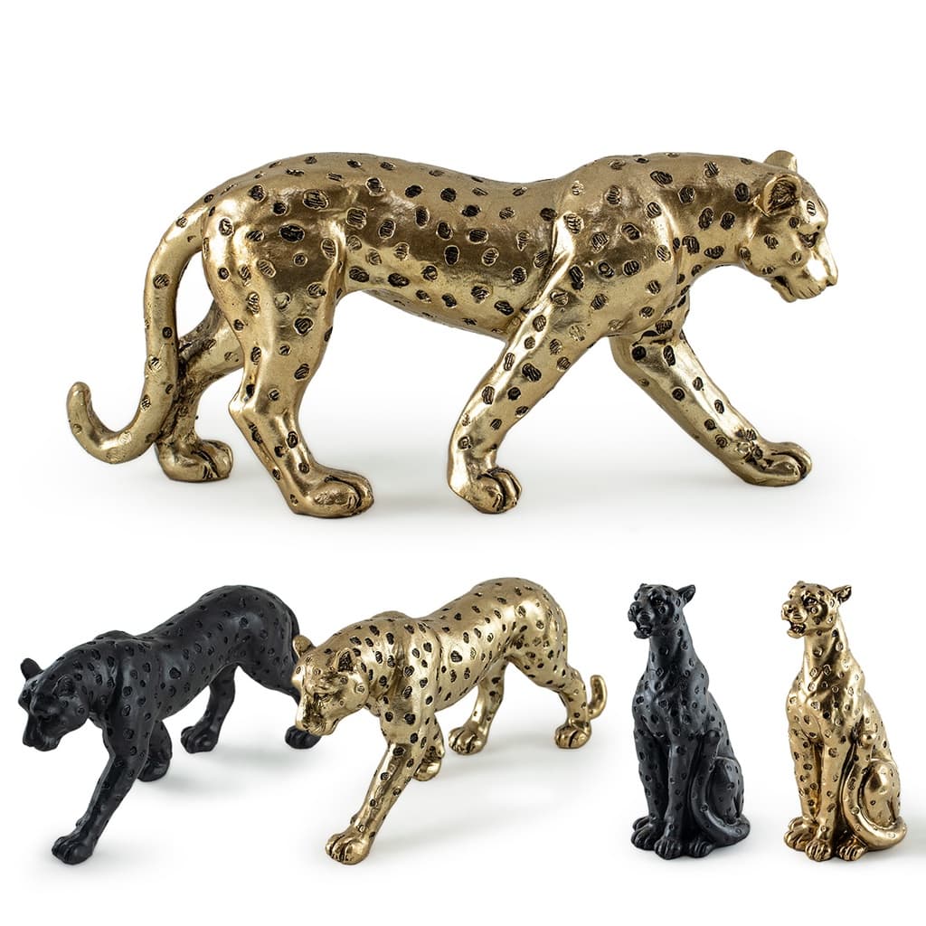 Estátua Leopardo Para Decoração De Sala Casa Enfeite Resina Dourada Preta Detalhada Luxo Ambiente Interno Pequeno 15x7cm