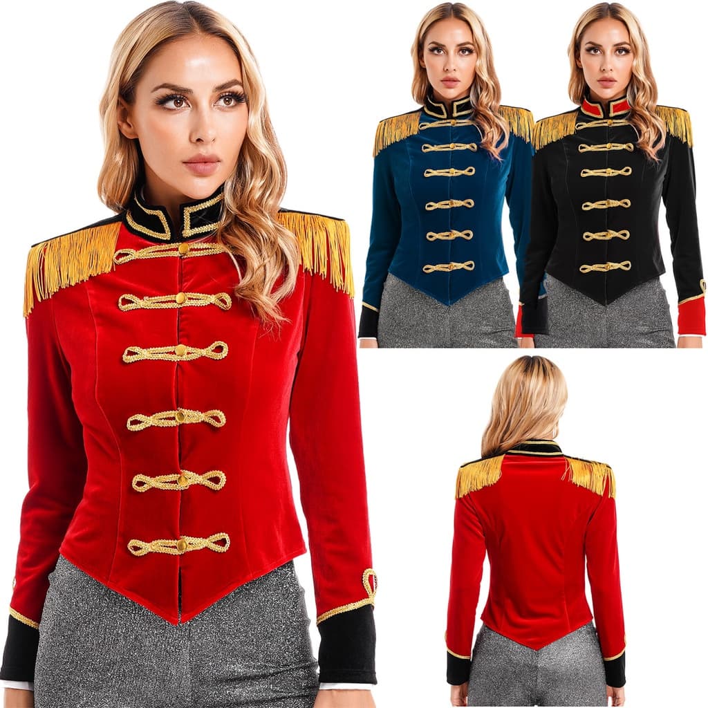 Feminino Circo Ringmaster Traje Halloween Cosplay Gola Franjas Ombro Placa Jaqueta De Veludo Casaco