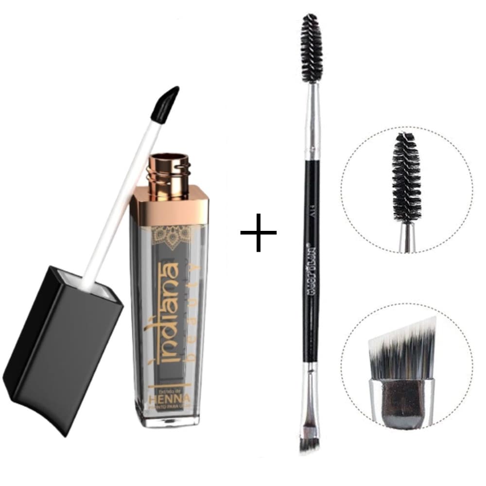 Henna para sobrancelhas Pronta para Uso Indiana Beauty + Pincel Macrilan Duplo Escova Chanfrado