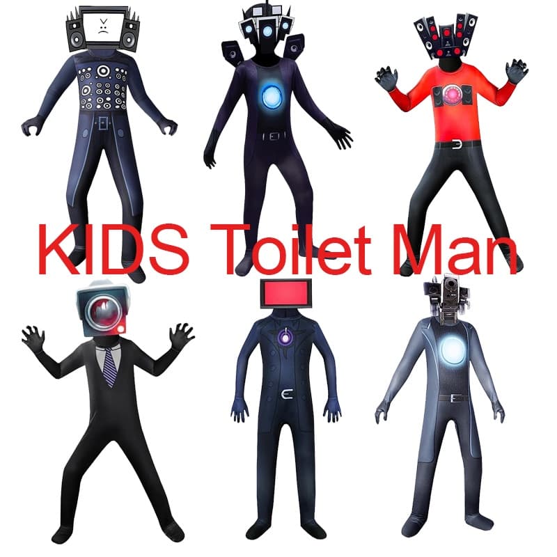Skibidi Toilet Cosplay Macacões Cap Traje Kid Toilet Man TV Monitor Homem Bodyside com Set Festa de Halloween.
