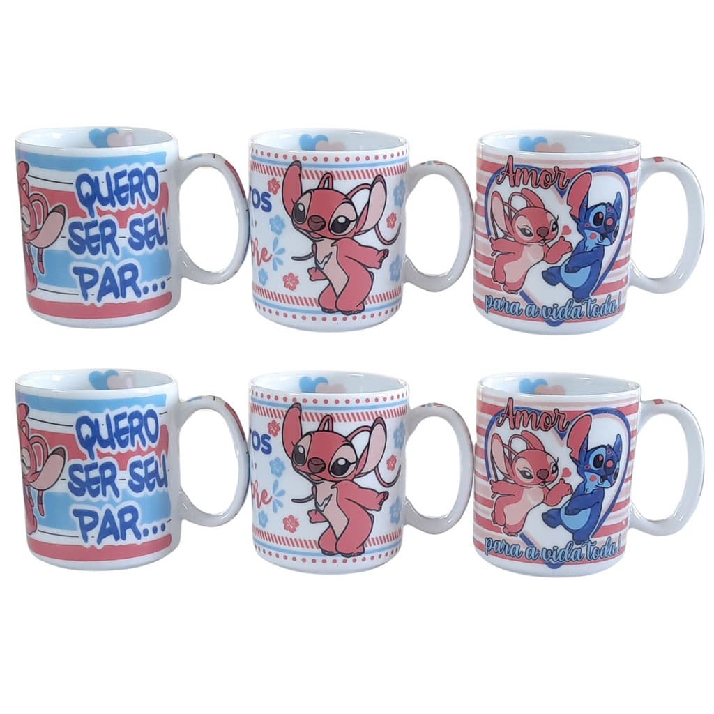 Kit Jogo 6 canecas Stitch 300ml Frases Namorados - Porcelana