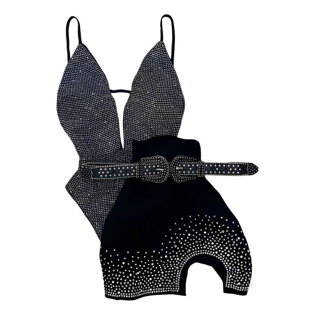 Conjunto Feminino Body Pedraria Decote E Saia Pedraria Fenda