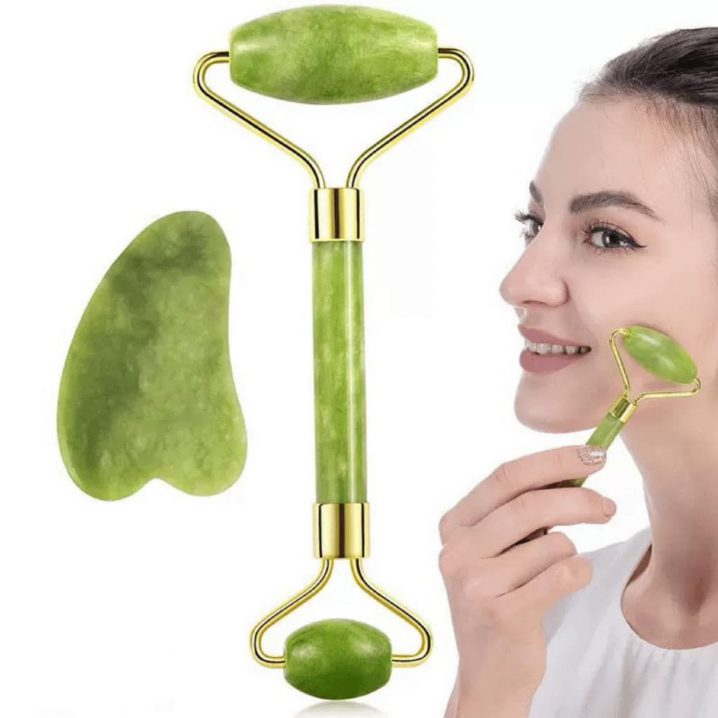 kit - Rolo Pedra de Jade + Placa Gua Sha De Pedra Natural Massagem Facial Antirrugas
