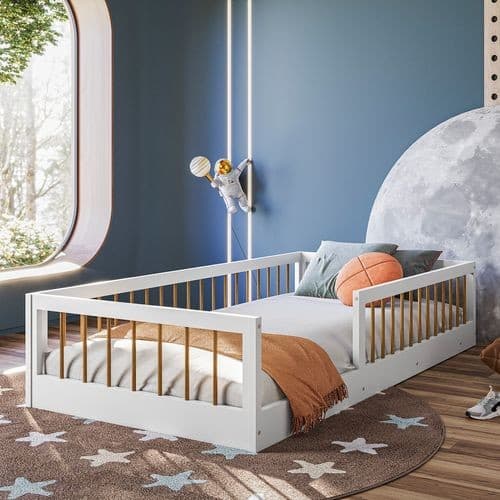 Cama Infantil Montessoriana Com Grade Branca Menino Menina Baixa Proteção Quarto Seguro Moderna