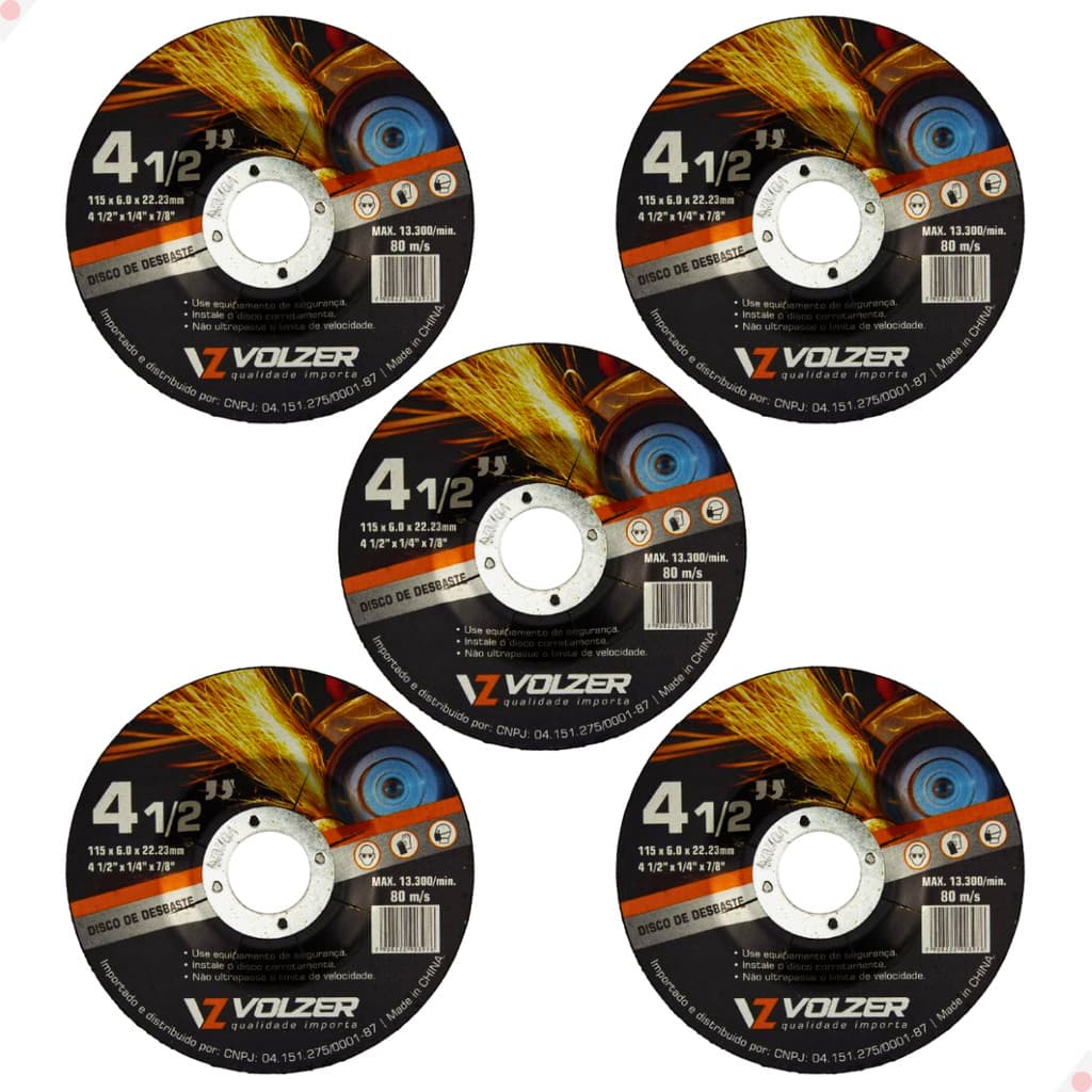 Kit 5 Discos de Desbaste Aço Inox Volzer 4 1/2 Pol x 6mm x 7/8 Pol