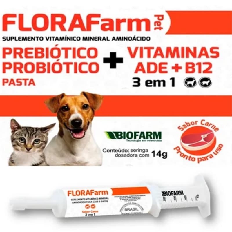 Florafarm Pet 3 em 1  Probióticos e Prebióticos + Vitaminas para Cachorro e Gatos, Pet shop