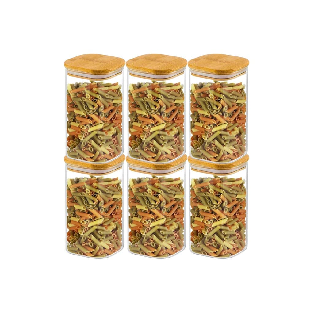 Kit 6 Pote De Vidro C/ Tampa De Bambu Quadrado Hermético 1350ml Para Mantimentos Design Sofisticado