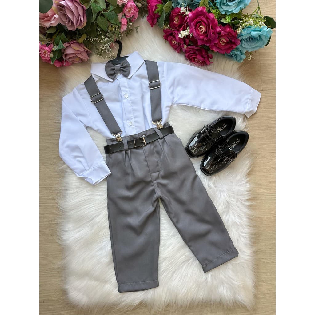 Conjunto Meninos Miss Cherry Leo Suspensorio Cinza Grafite