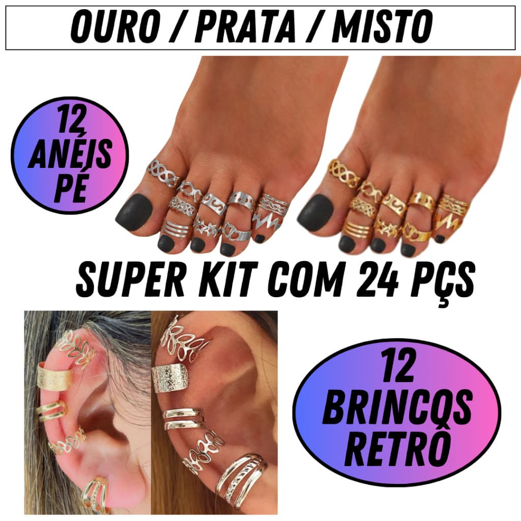 Kit De Bijuterias Fina 12 Anéis De Pé + 12 Brincos De Retro Estilo E Qualidade Com 1 Ano De Garantia!