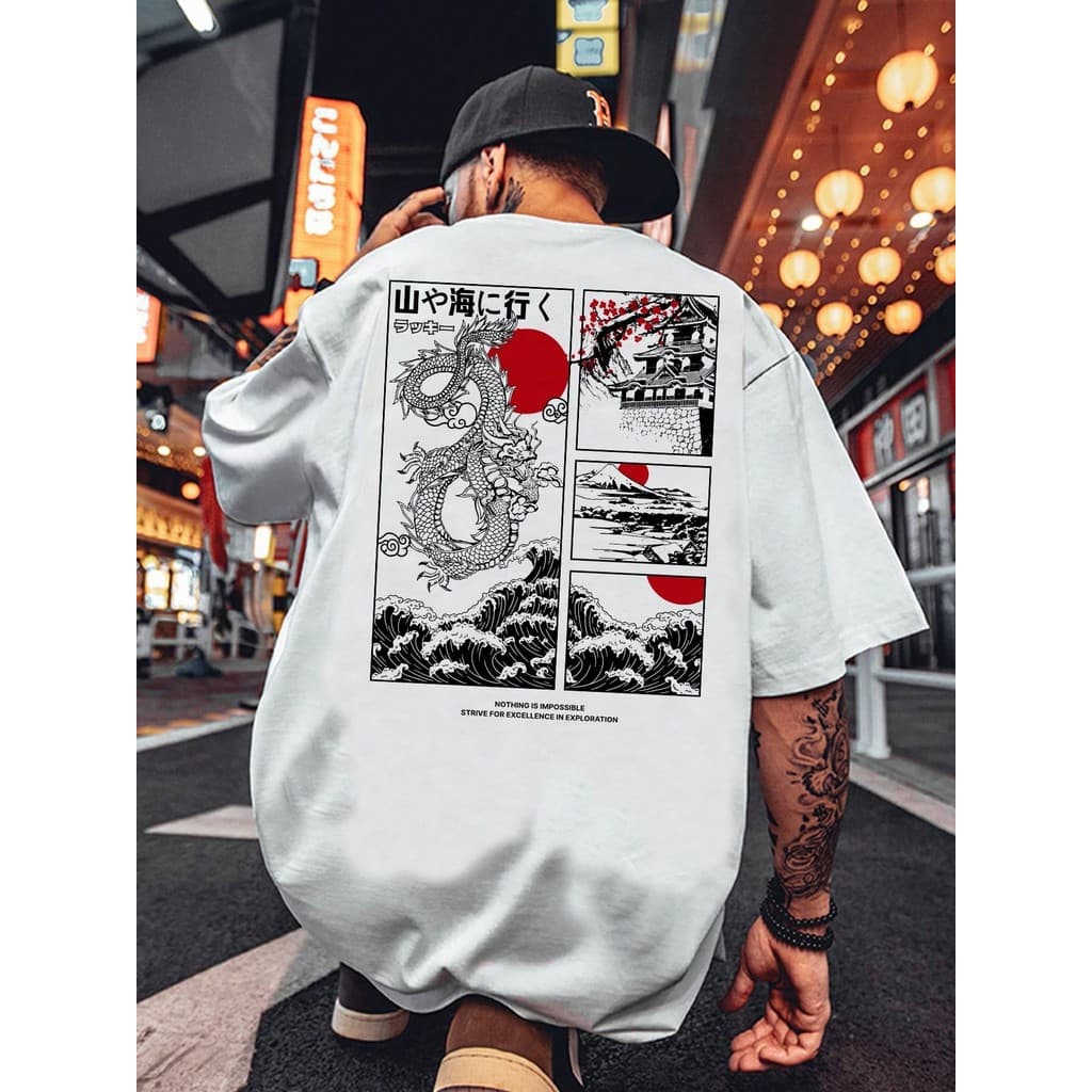 Camiseta Masculina Estampada Japonesa Dragão 100% Algodão Streetwear