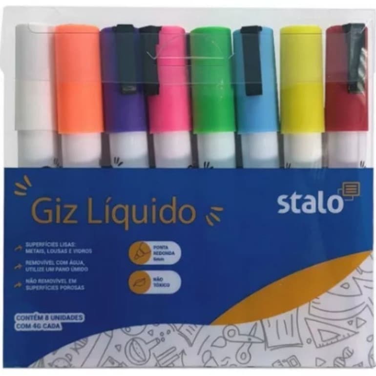 Kit 8 Giz Líquido Coloridos para Quadro Negro Preto 6MM Stalo