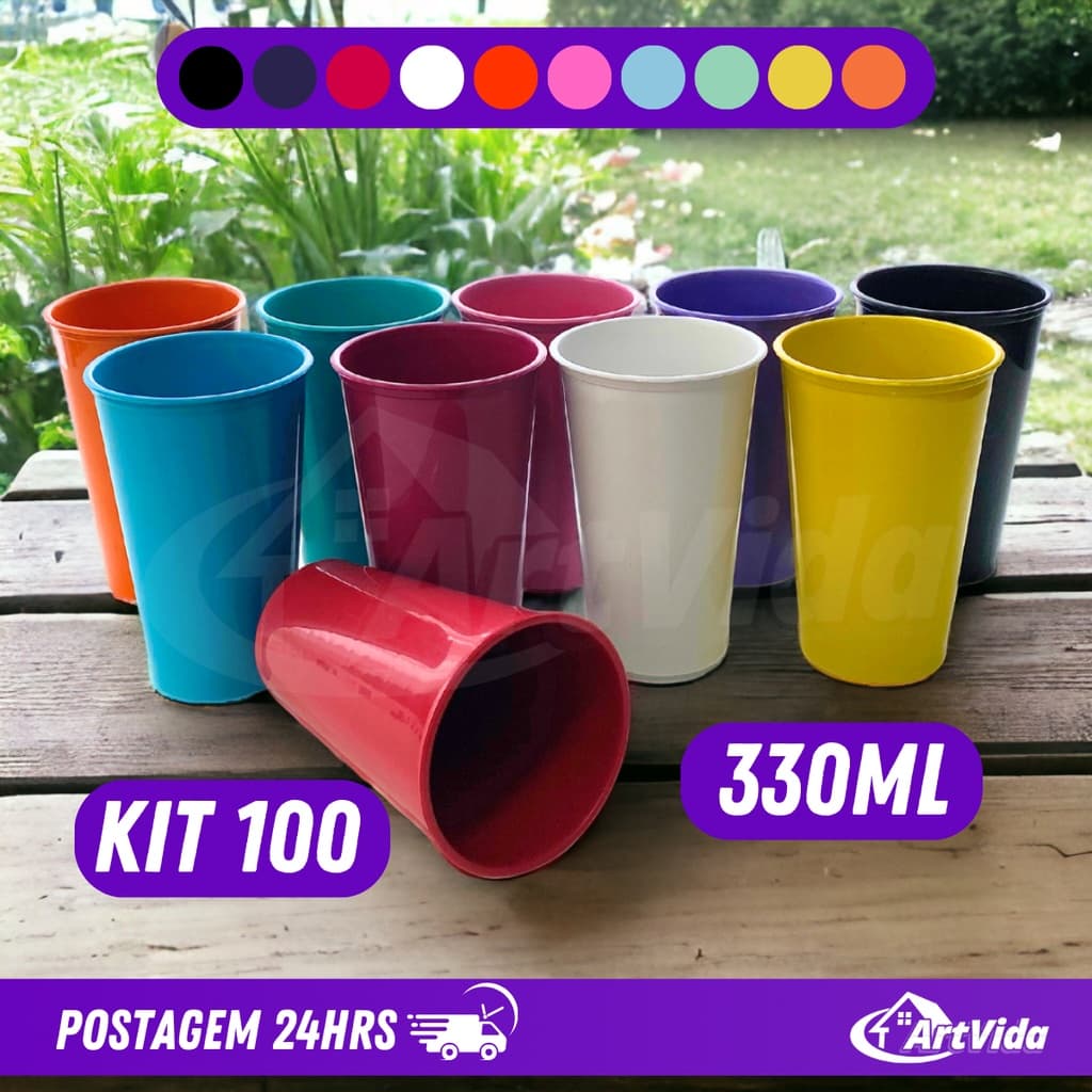 KIT 100 Copos Plásticos 330ml Altos Long Neck Reutilizável Personalize Festas Eventos - ArtVida